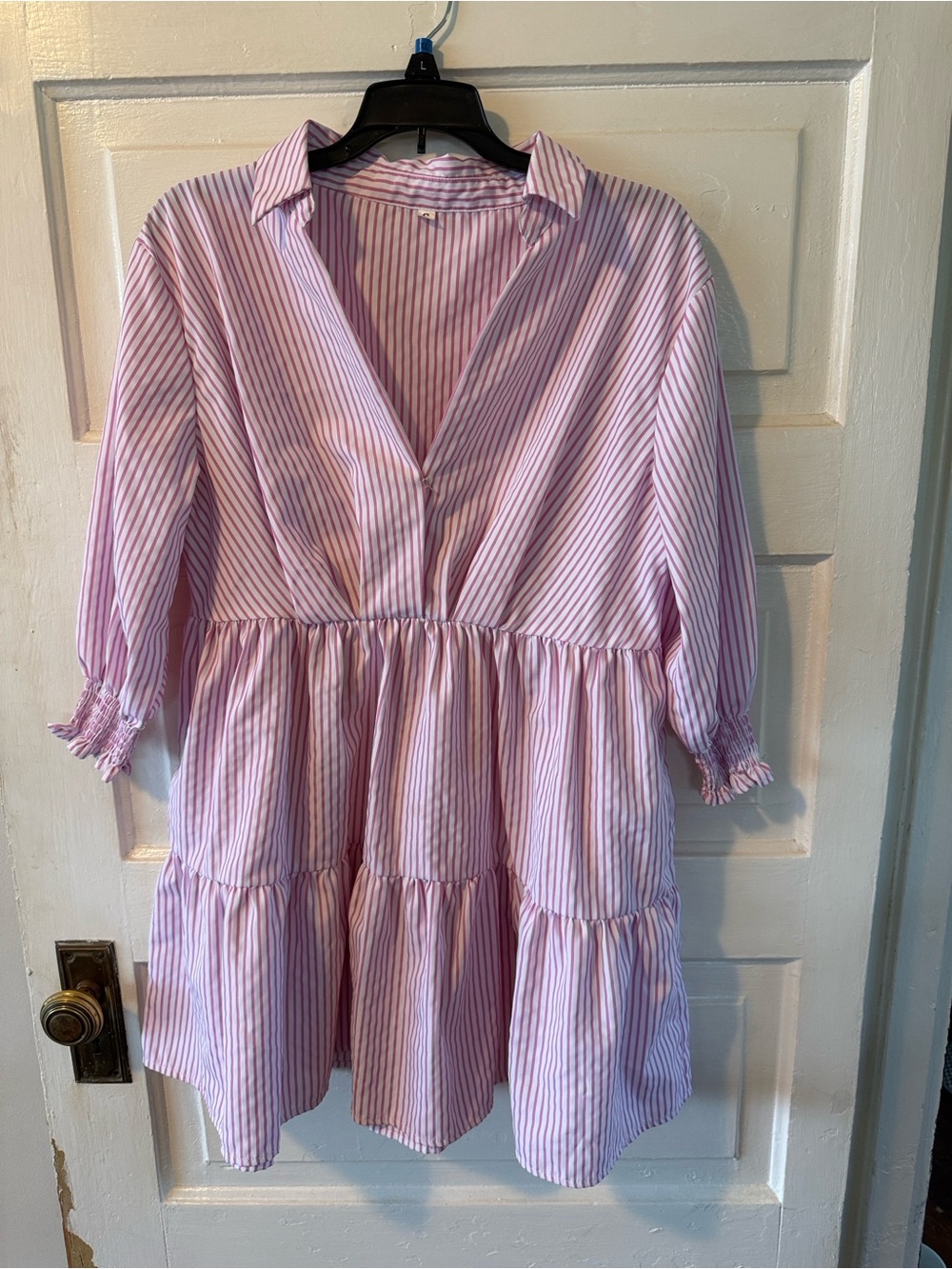 SHEIN Pink & White Striped Tiered Mini Dress